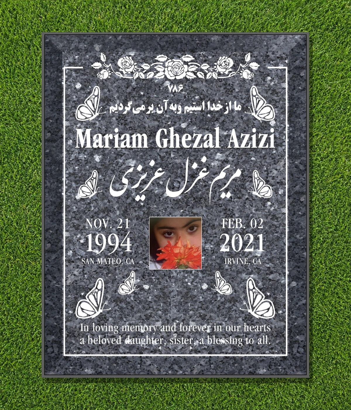 Gray granite 39 by 30 inch Mariam Ghezal Azizi half ledger with portrait, roses, butterflies, and Persian lettering
